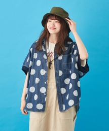 CUBE SUGAR | 抜染ドットプリント デニム リブ袖 ドルマンシャツ(Tシャツ/カットソー)
