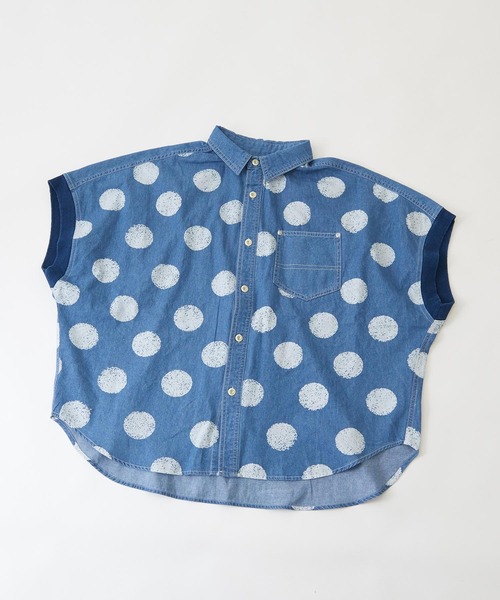 CUBE SUGAR（キューブシュガー）の「抜染ドットプリント デニム リブ袖 ドルマンシャツ（Tシャツ/カットソー・レディース・ライトブルー/インディゴブルー・M）」の14枚目の写真