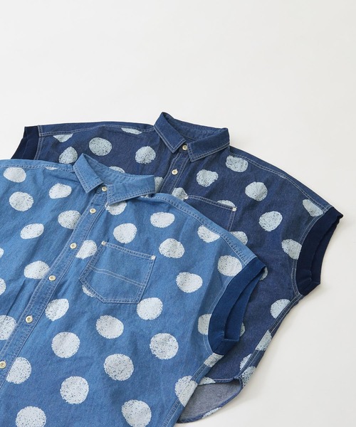 CUBE SUGAR（キューブシュガー）の「抜染ドットプリント デニム リブ袖 ドルマンシャツ（Tシャツ/カットソー・レディース・ライトブルー/インディゴブルー・M）」の22枚目の写真