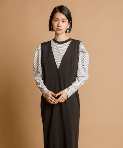 CIENA（シエナ）の「Ｖネックロングジャンスカ（ジャンパースカート・レディース・ブラック/ベージュ/グレー/キャメル・FREE/FS）」の14枚目の写真