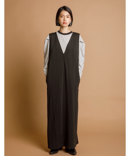 CIENA（シエナ）の「Ｖネックロングジャンスカ（ジャンパースカート・レディース・ブラック/ベージュ/グレー/キャメル・FREE/FS）」の15枚目の写真