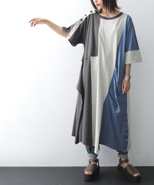 osharewalker（オシャレウォーカー）の「【廃盤】『配色×変形アシメワンピース』（ワンピース・レディース・ミックスグレー・FREE）」の7枚目の写真