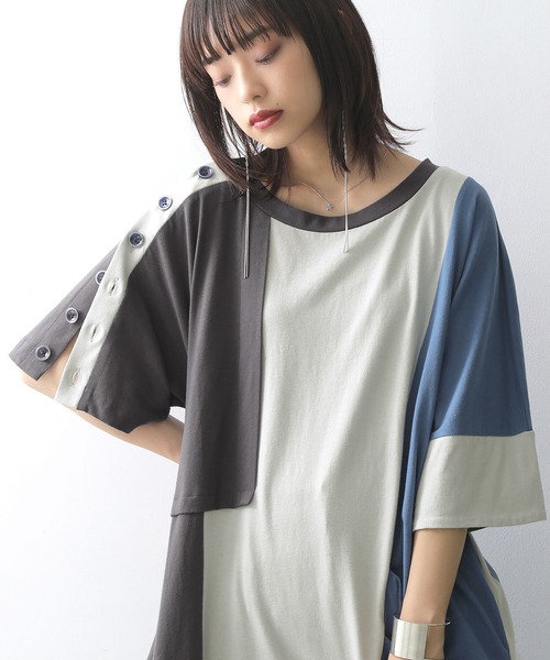 osharewalker（オシャレウォーカー）の「【廃盤】『配色×変形アシメワンピース』（ワンピース・レディース・ミックスグレー・FREE）」の3枚目の写真