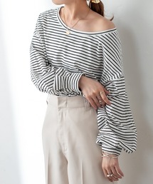 NEW ボーダーボリュームロングTシャツ