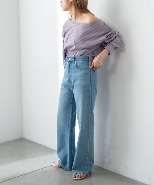 mystic（ミスティック）の「NEW ボーダーボリュームロングTシャツ（Tシャツ/カットソー・レディース・オフホワイト/ピンク/ブルー・FREE）」の2枚目の写真