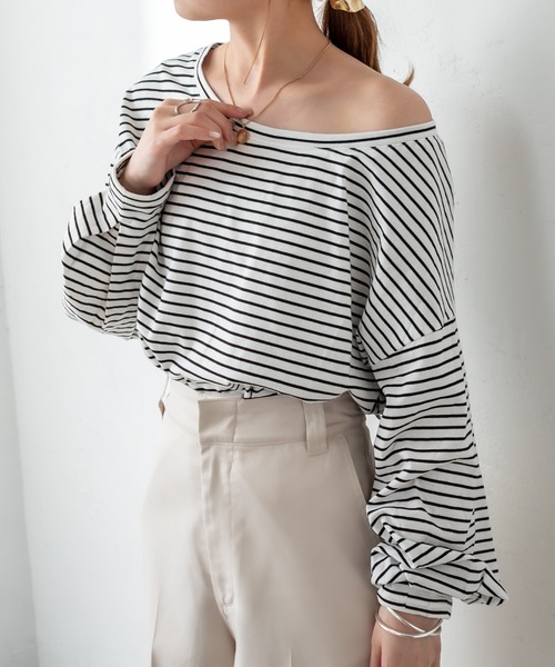 mystic（ミスティック）の「NEW ボーダーボリュームロングTシャツ（Tシャツ/カットソー・レディース・オフホワイト/ピンク/ブルー・FREE）」の4枚目の写真