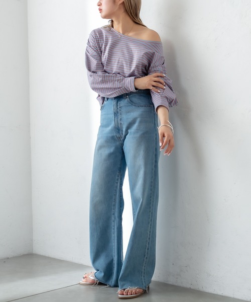 mystic（ミスティック）の「NEW ボーダーボリュームロングTシャツ（Tシャツ/カットソー・レディース・オフホワイト/ピンク/ブルー・FREE）」の5枚目の写真