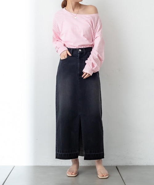 mystic（ミスティック）の「NEW ボーダーボリュームロングTシャツ（Tシャツ/カットソー・レディース・オフホワイト/ピンク/ブルー・FREE）」の8枚目の写真