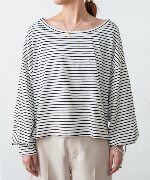 mystic（ミスティック）の「NEW ボーダーボリュームロングTシャツ（Tシャツ/カットソー・レディース・オフホワイト/ピンク/ブルー・FREE）」の13枚目の写真