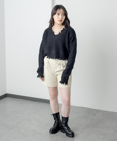 RASVOA（ラスボア）の「ダメージショートＶネックニット（ニット/セーター・レディース・ブラック/オフホワイト/ブルー・FREE）」の10枚目の写真