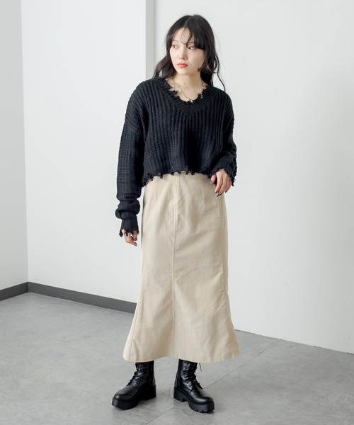 RASVOA（ラスボア）の「ダメージショートＶネックニット（ニット/セーター・レディース・ブラック/オフホワイト/ブルー・FREE）」の11枚目の写真