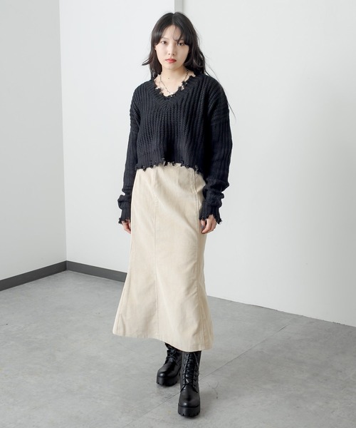 RASVOA（ラスボア）の「ダメージショートＶネックニット（ニット/セーター・レディース・ブラック/オフホワイト/ブルー・FREE）」の12枚目の写真