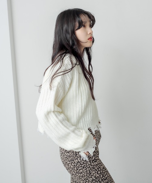 RASVOA（ラスボア）の「ダメージショートＶネックニット（ニット/セーター・レディース・ブラック/オフホワイト/ブルー・FREE）」の14枚目の写真