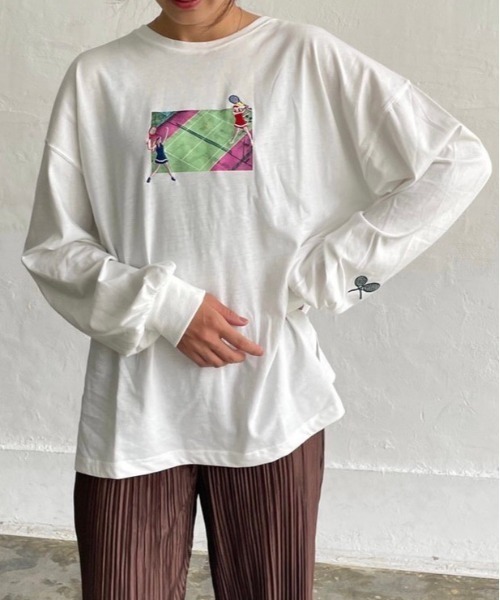 DAIS-Y(デイジー)の「テニスプリントルーズロンT(Tシャツ/カットソー・レディース・ホワイト/オートミール/スミクロ・FREE)」の2枚目の写真