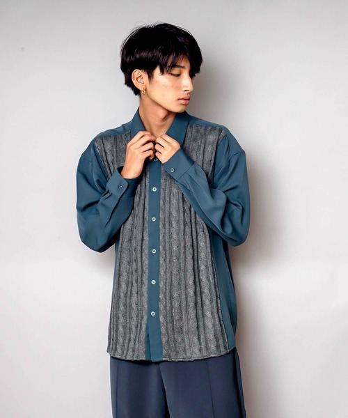 UNIIT（ユニット）の「【UNIIT/ユニット】ニットスウィッチング　ストレッチ　ルーズビッグシルエットシャツ（シャツ/ブラウス・メンズ・ブルー/ブラック・MEDIUM/X-LARGE/LARGE）」の2枚目の写真