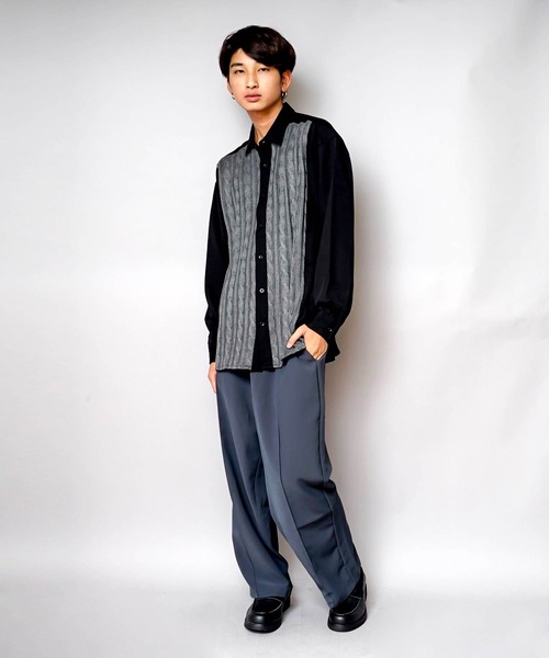 UNIIT（ユニット）の「【UNIIT/ユニット】ニットスウィッチング　ストレッチ　ルーズビッグシルエットシャツ（シャツ/ブラウス・メンズ・ブルー/ブラック・MEDIUM/X-LARGE/LARGE）」の3枚目の写真