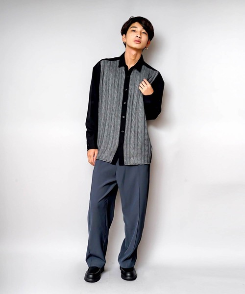 UNIIT（ユニット）の「【UNIIT/ユニット】ニットスウィッチング　ストレッチ　ルーズビッグシルエットシャツ（シャツ/ブラウス・メンズ・ブルー/ブラック・MEDIUM/X-LARGE/LARGE）」の4枚目の写真