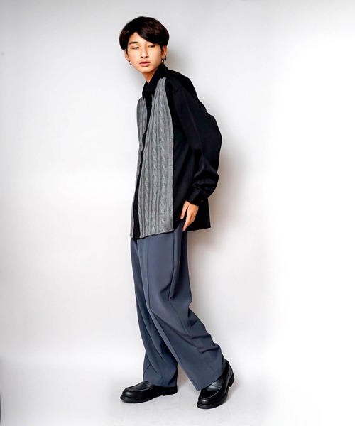 UNIIT（ユニット）の「【UNIIT/ユニット】ニットスウィッチング　ストレッチ　ルーズビッグシルエットシャツ（シャツ/ブラウス・メンズ・ブルー/ブラック・MEDIUM/X-LARGE/LARGE）」の5枚目の写真