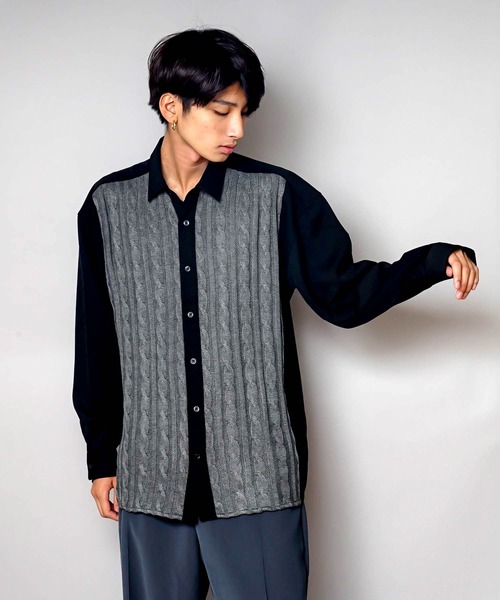 UNIIT（ユニット）の「【UNIIT/ユニット】ニットスウィッチング　ストレッチ　ルーズビッグシルエットシャツ（シャツ/ブラウス・メンズ・ブルー/ブラック・MEDIUM/X-LARGE/LARGE）」の7枚目の写真
