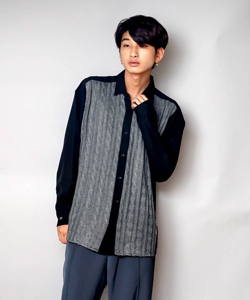 UNIIT（ユニット）の「【UNIIT/ユニット】ニットスウィッチング　ストレッチ　ルーズビッグシルエットシャツ（シャツ/ブラウス・メンズ・ブルー/ブラック・MEDIUM/X-LARGE/LARGE）」の8枚目の写真