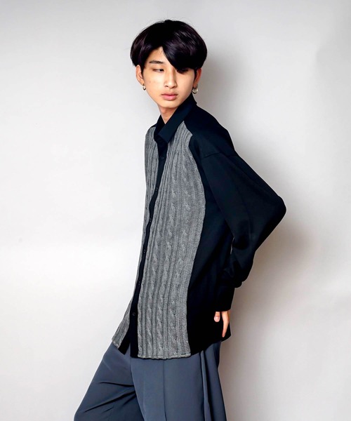 UNIIT（ユニット）の「【UNIIT/ユニット】ニットスウィッチング　ストレッチ　ルーズビッグシルエットシャツ（シャツ/ブラウス・メンズ・ブルー/ブラック・MEDIUM/X-LARGE/LARGE）」の9枚目の写真