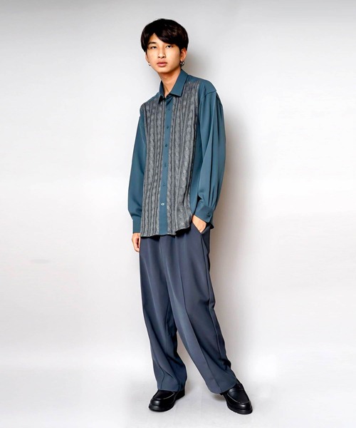 UNIIT（ユニット）の「【UNIIT/ユニット】ニットスウィッチング　ストレッチ　ルーズビッグシルエットシャツ（シャツ/ブラウス・メンズ・ブルー/ブラック・MEDIUM/X-LARGE/LARGE）」の11枚目の写真