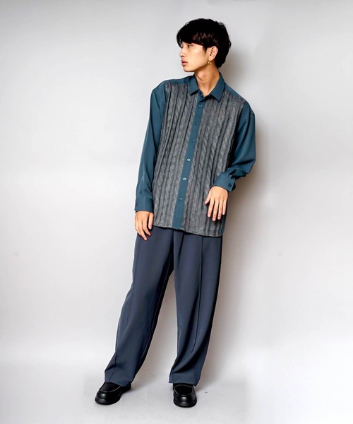 UNIIT（ユニット）の「【UNIIT/ユニット】ニットスウィッチング　ストレッチ　ルーズビッグシルエットシャツ（シャツ/ブラウス・メンズ・ブルー/ブラック・MEDIUM/X-LARGE/LARGE）」の12枚目の写真