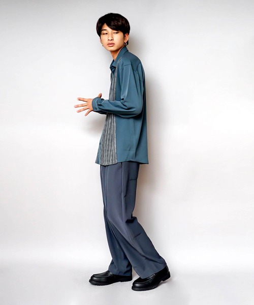 UNIIT（ユニット）の「【UNIIT/ユニット】ニットスウィッチング　ストレッチ　ルーズビッグシルエットシャツ（シャツ/ブラウス・メンズ・ブルー/ブラック・MEDIUM/X-LARGE/LARGE）」の13枚目の写真