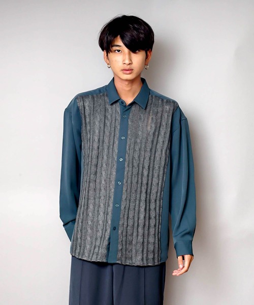 UNIIT（ユニット）の「【UNIIT/ユニット】ニットスウィッチング　ストレッチ　ルーズビッグシルエットシャツ（シャツ/ブラウス・メンズ・ブルー/ブラック・MEDIUM/X-LARGE/LARGE）」の15枚目の写真