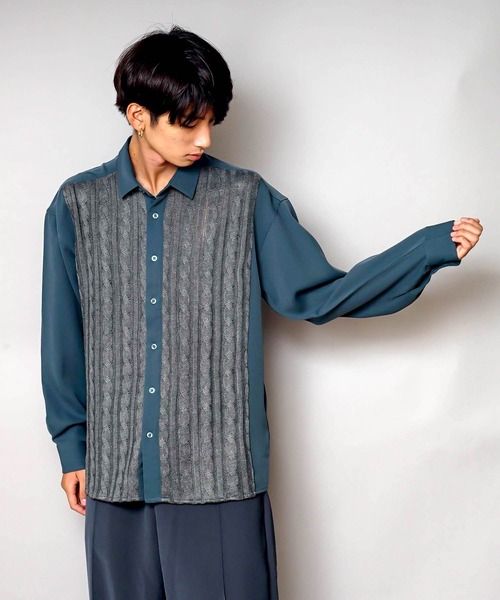 UNIIT（ユニット）の「【UNIIT/ユニット】ニットスウィッチング　ストレッチ　ルーズビッグシルエットシャツ（シャツ/ブラウス・メンズ・ブルー/ブラック・MEDIUM/X-LARGE/LARGE）」の16枚目の写真