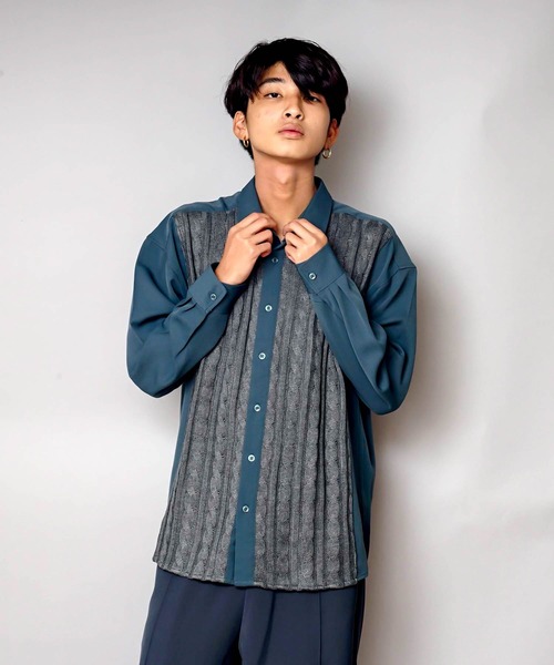 UNIIT（ユニット）の「【UNIIT/ユニット】ニットスウィッチング　ストレッチ　ルーズビッグシルエットシャツ（シャツ/ブラウス・メンズ・ブルー/ブラック・MEDIUM/X-LARGE/LARGE）」の17枚目の写真