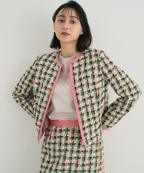 ANAYI（アナイ）の「ファンシーチェックツィードクルー　ジャケット（ノーカラージャケット・レディース・ピンク・38/36）」の2枚目の写真