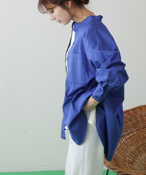 frames RAY CASSIN（フレームスレイカズン）の「WEB限定 カラーストライプバンドカラーオーバーシャツ（シャツ/ブラウス・レディース・ブルー/イエロー×グリーン/イエロー/ネイビー/ピンク/ライトグリーン・FREE）」の3枚目の写真