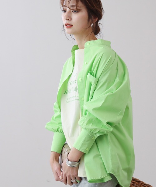 frames RAY CASSIN（フレームスレイカズン）の「WEB限定 カラーストライプバンドカラーオーバーシャツ（シャツ/ブラウス・レディース・ブルー/イエロー×グリーン/イエロー/ネイビー/ピンク/ライトグリーン・FREE）」の6枚目の写真