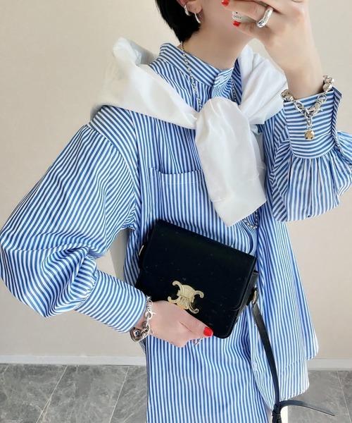 frames RAY CASSIN（フレームスレイカズン）の「WEB限定 カラーストライプバンドカラーオーバーシャツ（シャツ/ブラウス・レディース・ブルー/イエロー×グリーン/イエロー/ネイビー/ピンク/ライトグリーン・FREE）」の4枚目の写真