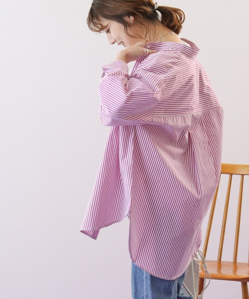 frames RAY CASSIN（フレームスレイカズン）の「WEB限定 カラーストライプバンドカラーオーバーシャツ（シャツ/ブラウス・レディース・ブルー/イエロー×グリーン/イエロー/ネイビー/ピンク/ライトグリーン・FREE）」の8枚目の写真