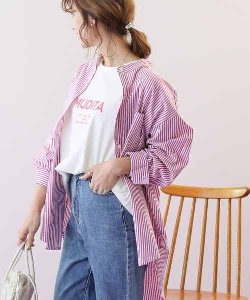 frames RAY CASSIN（フレームスレイカズン）の「WEB限定 カラーストライプバンドカラーオーバーシャツ（シャツ/ブラウス・レディース・ブルー/イエロー×グリーン/イエロー/ネイビー/ピンク/ライトグリーン・FREE）」の13枚目の写真