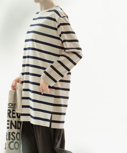 nop de nod(ノップドゥノッド)の「USコットンmiscオーバーチュニックボーダー(Tシャツ/カットソー・レディース・インディゴブルー/ブルー/スミクロ・3)」の3枚目の写真