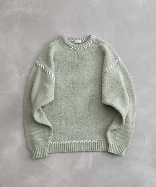 JUNRED（ジュンレッド）の「ハンドステッチビッグクルーニット（ニット/セーター・メンズ・ミント/ブラック/ブルー・S/M/L）」の3枚目の写真