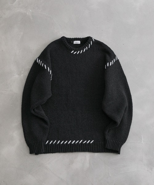 JUNRED（ジュンレッド）の「ハンドステッチビッグクルーニット（ニット/セーター・メンズ・ミント/ブラック/ブルー・S/M/L）」の2枚目の写真