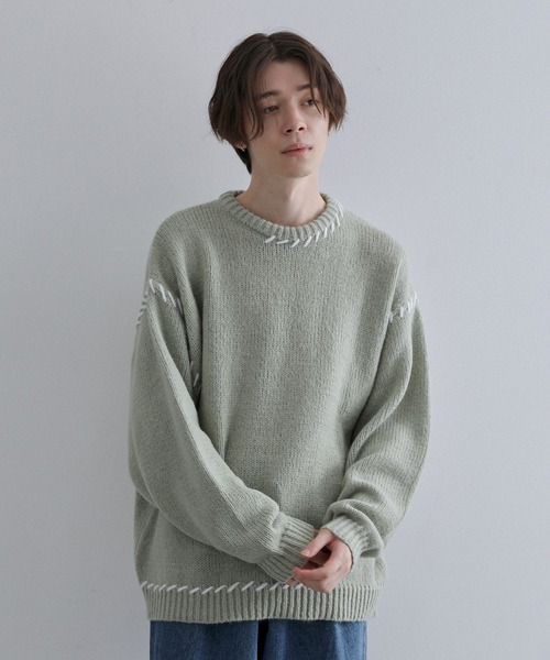 JUNRED（ジュンレッド）の「ハンドステッチビッグクルーニット（ニット/セーター・メンズ・ミント/ブラック/ブルー・S/M/L）」の9枚目の写真