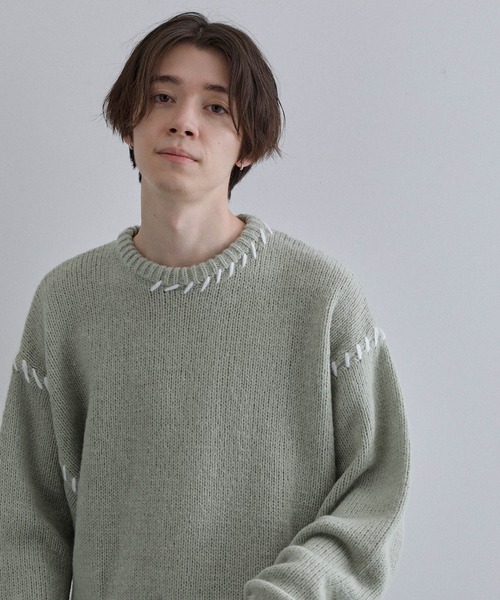 JUNRED（ジュンレッド）の「ハンドステッチビッグクルーニット（ニット/セーター・メンズ・ミント/ブラック/ブルー・S/M/L）」の11枚目の写真