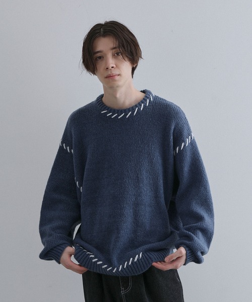 JUNRED（ジュンレッド）の「ハンドステッチビッグクルーニット（ニット/セーター・メンズ・ミント/ブラック/ブルー・S/M/L）」の15枚目の写真