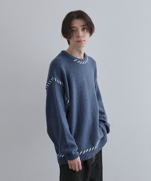 JUNRED（ジュンレッド）の「ハンドステッチビッグクルーニット（ニット/セーター・メンズ・ミント/ブラック/ブルー・S/M/L）」の17枚目の写真