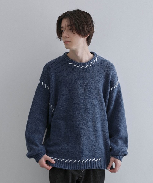 JUNRED（ジュンレッド）の「ハンドステッチビッグクルーニット（ニット/セーター・メンズ・ミント/ブラック/ブルー・S/M/L）」の14枚目の写真