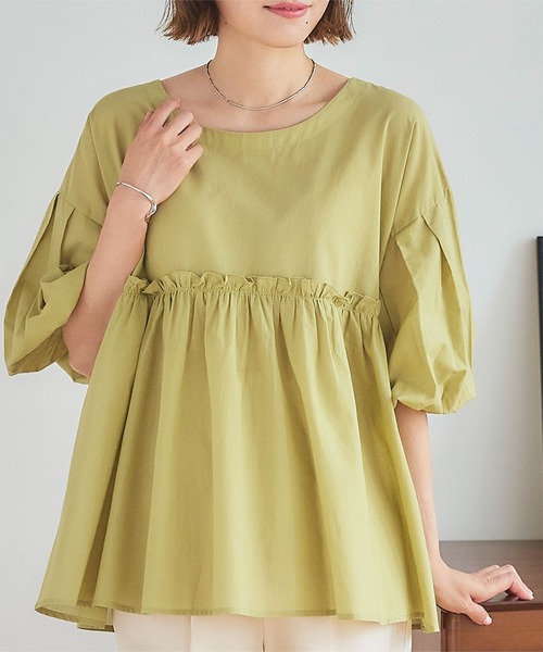 titivate（ティティベイト）の「ｷﾞｬｻﾞｰ切替ﾎﾞﾘｭｰﾑｽﾘｰﾌﾞﾌﾞﾗｳｽ（シャツ/ブラウス・レディース・オフホワイト/イエロー系その他/ブラック/グリーン/ブルー系その他・S/M）」の5枚目の写真