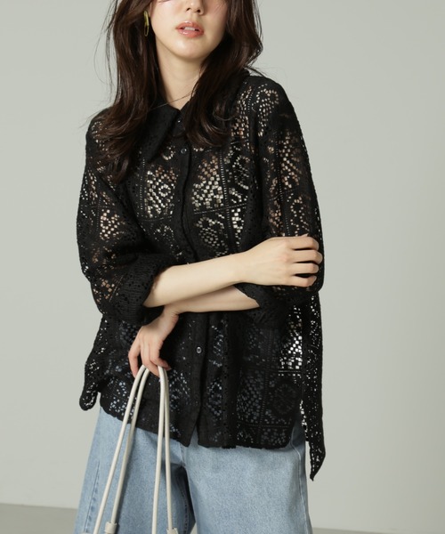 FREE'S MART（フリーズマート）の「クロシェレースシャツ（シャツ/ブラウス・レディース・ブラック/ホワイト・MEDIUM/SMALL）」の4枚目の写真