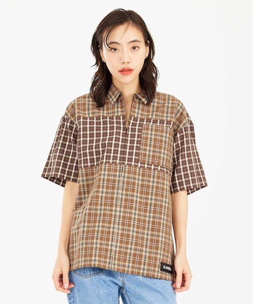 X-girl(エックスガール)の「PLAID ZIP UP SHIRT(シャツ/ブラウス・レディース・ブルー/ブラック/ブラウン・S/M)」の14枚目の写真