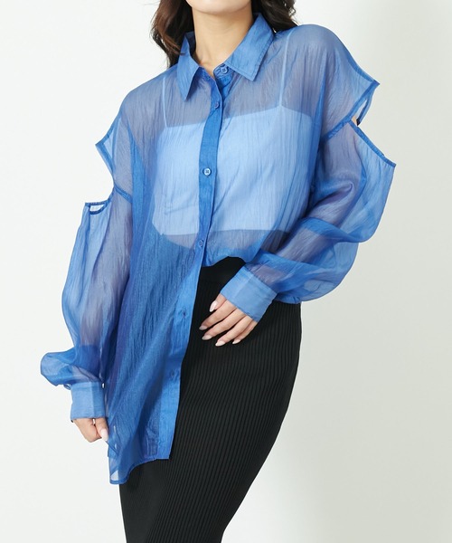 ANAP（アナップ）の「肩開きシアーシャツ（シャツ/ブラウス・レディース・ブラック/ブルー/グレー・FREE）」の3枚目の写真
