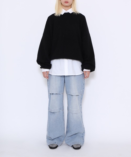 PUNYUS（プニュズ）の「ニータックバギーデニムパンツ（デニムパンツ・レディース・ライトブルー/ブラック・1/2/3/4）」の3枚目の写真